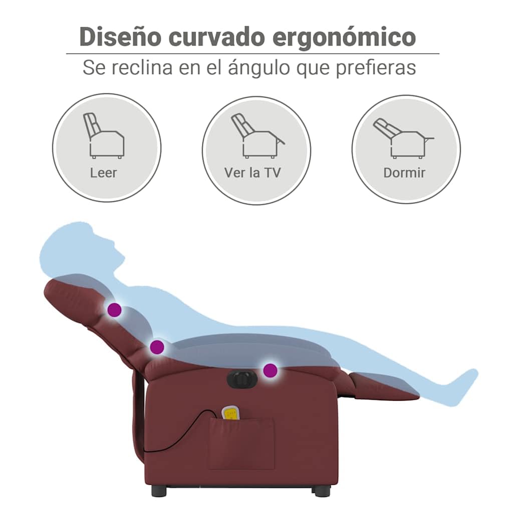 vidaXL Sillón de Masaje elevable eléctrico Cuero Artificial Rojo Tinto