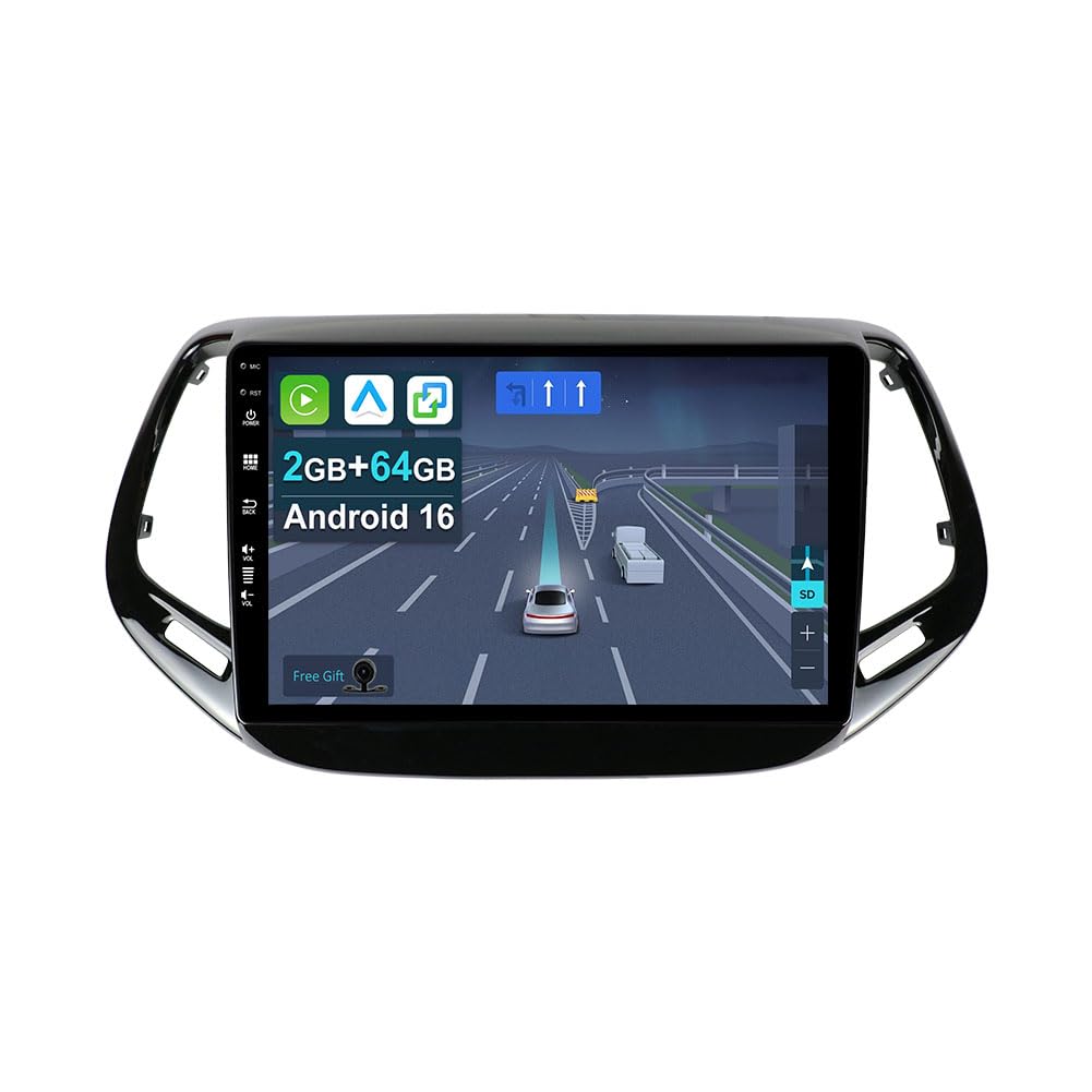 KEC 10.1" [2+64G] Android 16 2 Din radio samochodowe do Jeep Compass 2 MP 2016-2019 CarPlay | Android Auto | Mirror Link | GPS | Bluetooth 5.0 | SWC + CAM w zestawie
