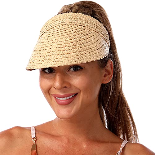 Outrip Visors for Women, Straw Sun Visors for Women Natural Raffia Roll-up Beach Sun Hats UV Protectionï¼ˆNaturalï¼‰