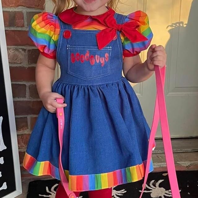 Tempura Little Girl Doll 2 Pieces Outfit Rainbow Doll Collar Puff Sleeve Tops Suspender Skirt with Front Pocket4