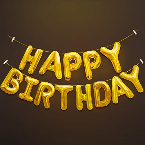 Novelty Place Happy Birthday Balloons Banner - Large Inflatable Aluminum Foil 3D Letters Banners for Kids and Adults Birthday Party Supplies and Decorations - Gold