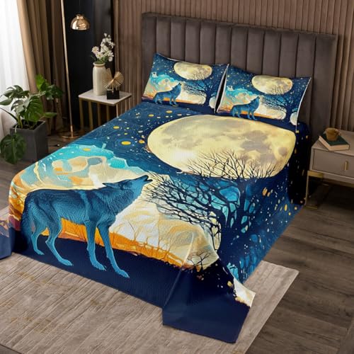 jejeloiu Wolf Coverlet Set Queen Size Wolves Howling Bedspread for Kids Boys Girls Decor Mountain Moon Wolf Quilted Coverlet Breathable Soft Lightweight Microfiber Animal Wolves Bedroom Decor
