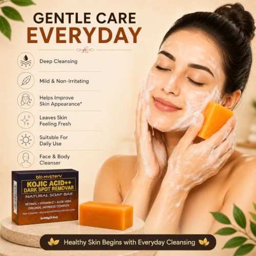 Image of Kojic Acid Natural Soap Bars (2-Pack) | Japanese-Inspired Skin Brightening Soap with Kojic Acid, Vitamin C, Retinol, Aloe & Turmeric - 2 x 100 g