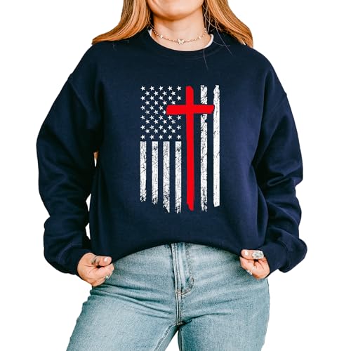 Cuppa Tee Christian Flag Sweatshirt – Red Cross American Flag Pullover – Patriotic Faith Crewneck for Men & Women