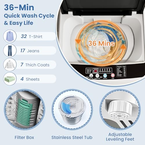 Image of VCJ Portable Washing Machine, 35 LBS Large Capacity Full-Automatic Portable Washer with 12 Wash Cycles, 8 Water Levels & 24H Delay, Compact Electric Laundry Washer for Apartment, Dorms,RVs