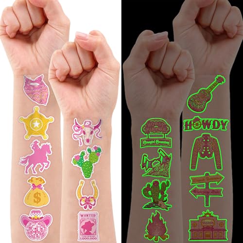 Image of 96 PCS Cowgirl Pre-Cut Luminous Glow in the dark Temporary Tattoos for Kids | Super Cute Themed Birthday Party Favors Supplies Decorations, Pink Disco Western Fake Tattoo Stickers Gifts for Boys Girls