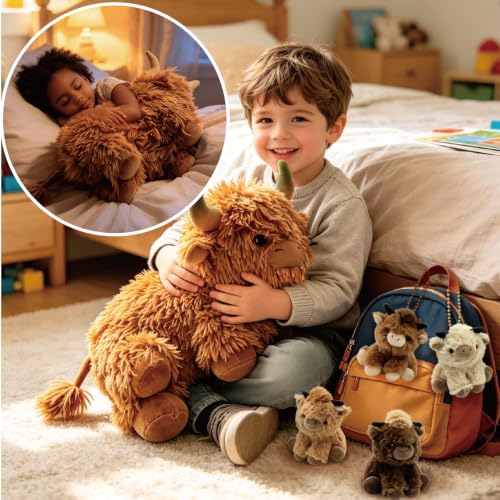 Image of Highland Cow Stuffed Animal，Cute Highland Cow Mommy Stuffed Animal with 4 Baby Highland Cow Plushies in Tummy，Kawaii Highland Cow Plush Toy Gift for Kids Girls Boys