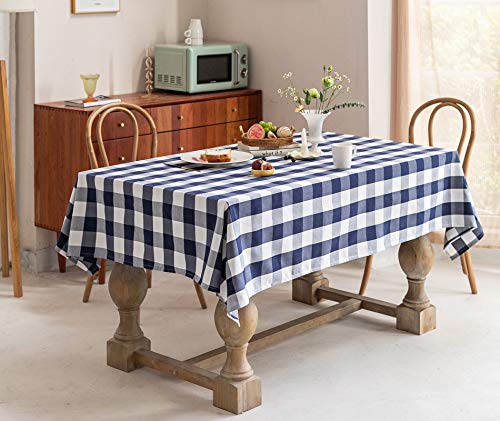 Wracra Checkered Tablecloth Cotton Linen Buffalo Plaid Rectangle Table Cloth Washable Wrinkle Free Anti-Fading Outdoor & Indoor Dining Table Cover, Navy Blue, 55 × 71 Inch #TOP5