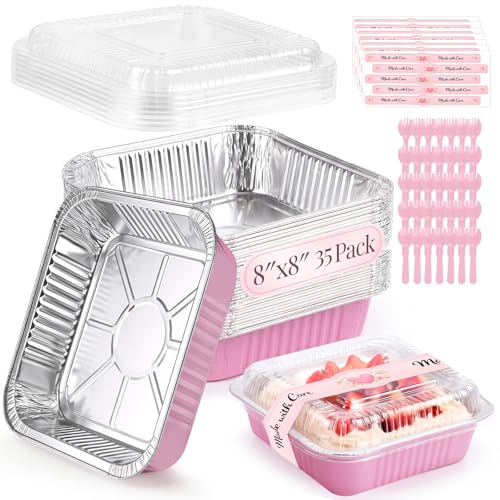 YQER 35 Pack 8x8 Inch Pink Disposable Aluminum Pans with Lids Spoons 8 Inch Square Cake Tins Containers - Foil Baking Pans for Brownies Meal Prep Cinnamon Roll Pan Freezer to Oven Bake Pack Sell