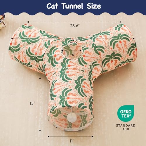 Image of Tempcore Cat Tunnel for Indoor Cats, 3 Way Collapsible Pet Play Tunnel with Teaser Wand, Peek Holes & Hanging Ball, Interactive Tube for Kittens & Rabbits, Khaki Coconut Tree