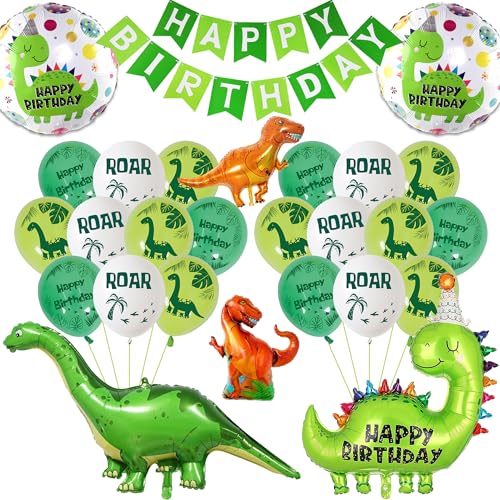 Dinosaur Birthday Decorations Balloons for Boys - Green Happy Birthday Banner and Dino Themed Latex Balloon, Giant Dinosaur Foil Balloons for Jungle Party Decorations