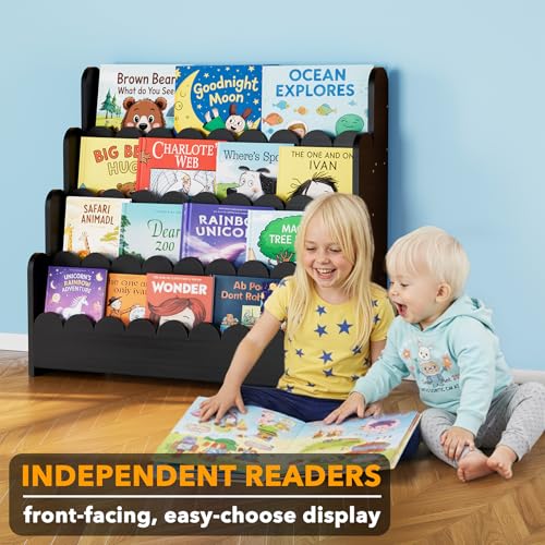 Image of SpaceAid 4-Tier Scalloped Bookshelf, Montessori Bookcase for Toddlers, Wooden Book Shelf Organizer Display Furniture for Kids Rooms, Playroom, Nursery and Classroom, 29.6 inch Wide, Black
