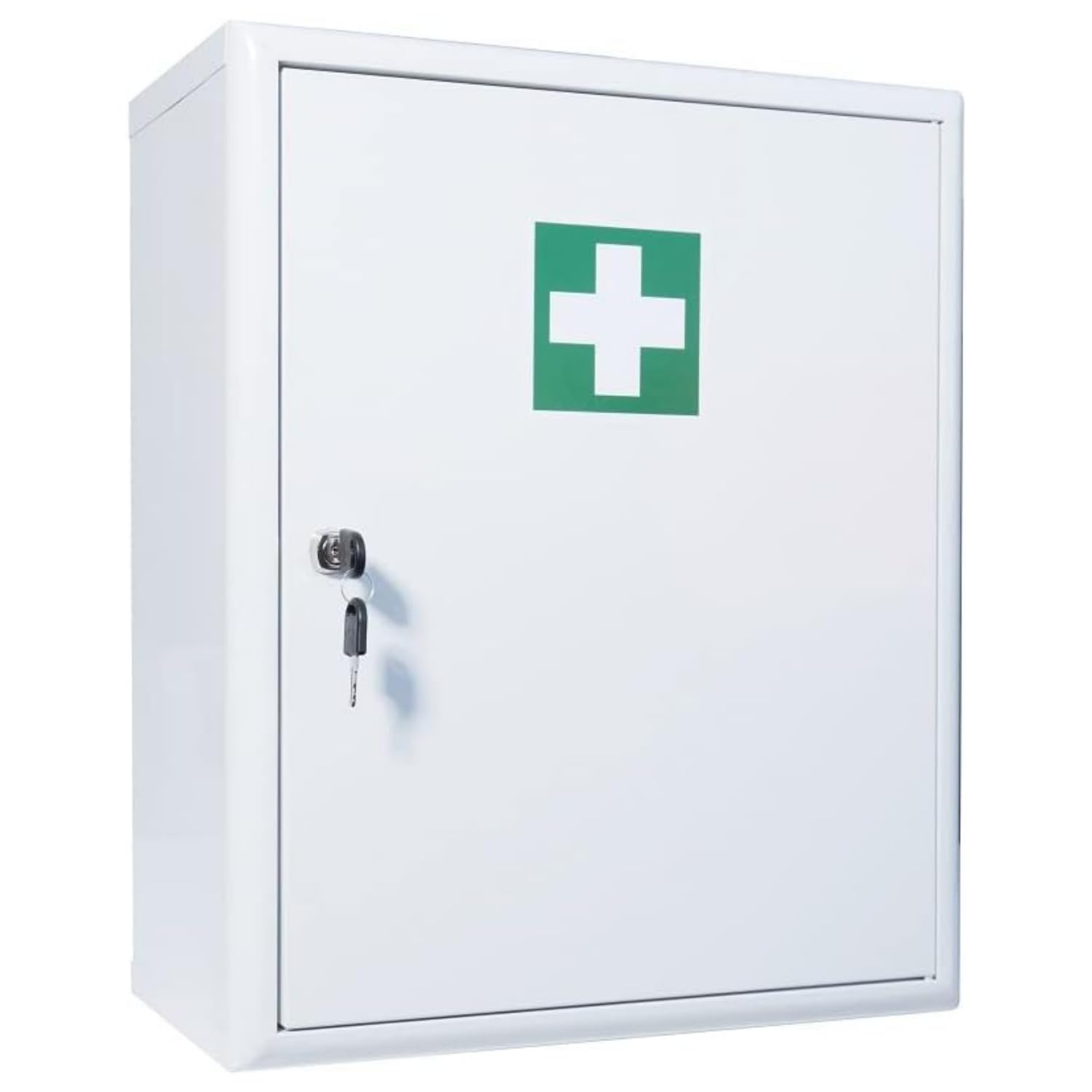 First Aid Products Verbandschrank C – inkl. DIN 13169 Füllung – Medizinschrank Metall, 3 Ablagefächer (2 verstellbar) + 2 Türfächer - Sicherheitsschloss - robust & wandmontierbar – 48,5 x 40 x 20 cm