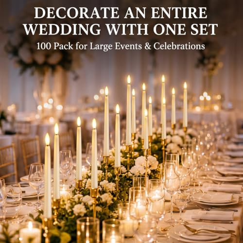Image of Baquler 100 Pcs Flameless Taper Candles LED Battery Operated Bulk,Ivory | Flickering Glow, Artificial Fake Candles for Weddings Christmas Halloween, 4 Sizes 8.5-12.8 In, Safe Flameless Church Decor