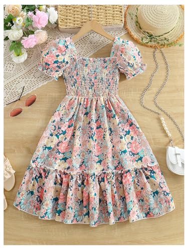 Girl's Floral Shirred Layered Ruffle Dress Puff Short Sleeve Square Neck A Line Dresses2