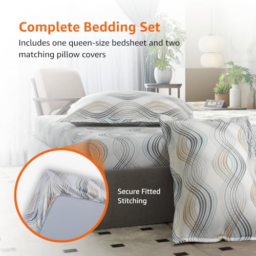 Image of Amazon Basics - 100% Cotton Fitted Bedsheet | 144TC |Fitted Queen Bed Sheet with 2 Pillow Cover|Soft Cotton | Geometric Print | 78 Inch x 60 Inch - 8 Inch Drop, Beige