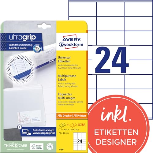 AVERY Zweckform 3490 Adressaufkleber (600 plus 120 Klebeetiketten extra, 70x36mm auf A4, Papier matt, bedruckbare Absenderetiketten, selbstklebende Adressetiketten mit ultragrip) 30 Blatt, weiß