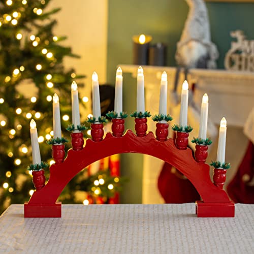 The Christmas Workshop 71169 Red Arched Wooden Candle Bridge with Candle Holders / 10 Warm White LEDs/Indoor Christmas Decoration / 48cm x 34.5cm x 5cm / Battery Powered