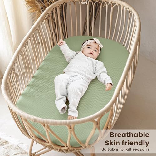 Image of Konssy 2 Pack Muslin Bassinet Sheets for Baby Boy, 100% Cotton Soft Breathable Bassinet Mattress Sheets Fit for Hourglass Oval Cradle Rectangle Mattress (Palm Paradise,Sage)