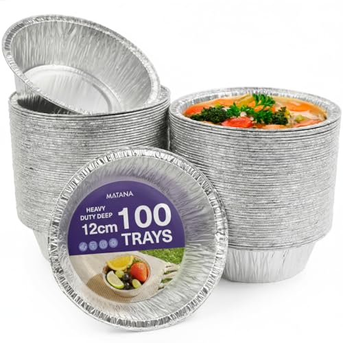 MATANA - 100 Barquettes Ronds Jetables en Aluminium (Couvercles Non Inclus) - Moules de Cuisson pour Petits Repas, Tourtière, Tartes & Quiches - 250ml / 12cm...