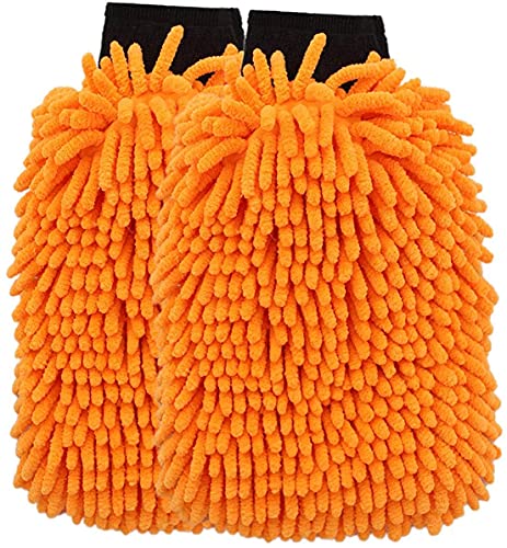 Image of OAN Car Wash Mitt - Scratch-Free Waterproof Chenille Microfiber Washing Mitts, Cleaning Gloves for Dirt & Bugs - Premium Sponge Cloths for Cars, Bikes, Office, and Home - 2 Pack (Orange)