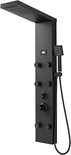 ROVOGO Sistema de torre de panel de ducha LED, no necesita batería, cabezal de ducha de lluvia y niebla, chorros corporales, de mano, boquilla de