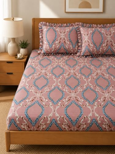 Image of 380 TC Premium Glace Cotton Elastic Fitted Bedsheet King Size with 2 Pillow Covers King Size | Double Bed with All Around Elastic (Pinkflower Frill, Fitted Queen-60x78)