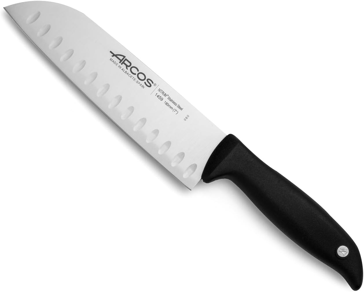 Arcos Santoku Knife - 7 Inch Nitrum Stainless Steel Blade and 180 mm blase with Black Polypropylene Handle - Innovative Design for Daily Use - Menorca Series - Color Black