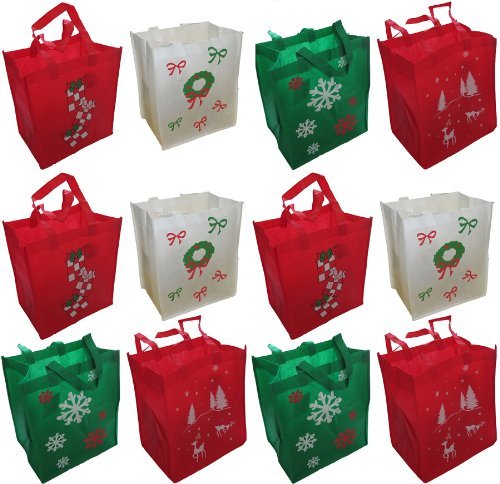 Non-Woven Reusable Fabric Holiday Gift Bags (12 Pack) 12"x13"x8.25", 3 Designs