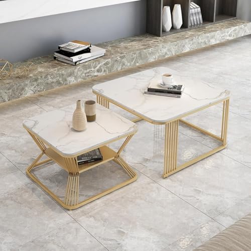 Image of Furniture Cafe Modern Nesting Square Coffee Table Set of 2 - White Marble Top with Gold Metal Frame, Living Room Accent Center Table with Storage Shelf