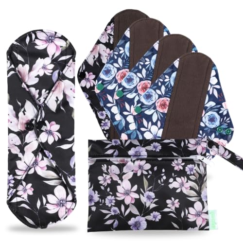 Image of wegreeco Reusable Menstrual Pads, Incontinence Sanitary Period Cloth Pads for Women, Reusable Washable Feminine Panty Liners Heavy Flow, Charcoal, 5 Pack, 1 Cloth Wet Bag (Small, Watercolor Flower)