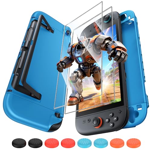 Coque Dockable de Protection 3 en 1 pour Switch 2, Coque en PC rigide pour Switch 2, Protection Ecran Kit d'accessoires incluant protecteur d'écran et 8 accessoires de poignées joystick