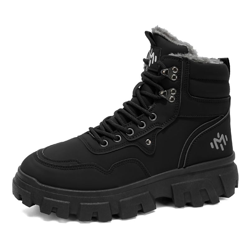Mens Winter Boots Waterproof Ankle Booties Fur Lined Snow Boots for Men Non-Slip Outdoor Work Hiking Boots Black