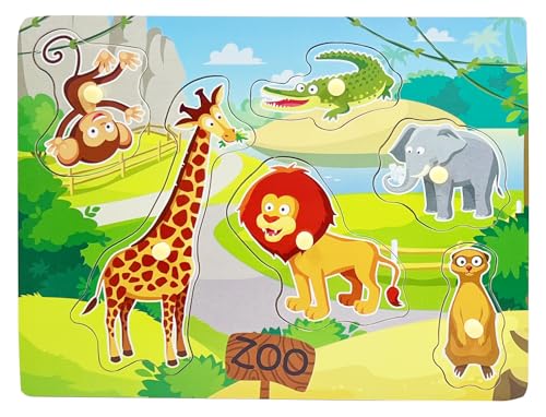 Wooden Peg Baby Puzzles, Full-Color Pictures Animal Shape Chunky Puzzle, Jumbo Knob Zoo Puzzle for Toddlers 18 Months and Up, 6Pieces