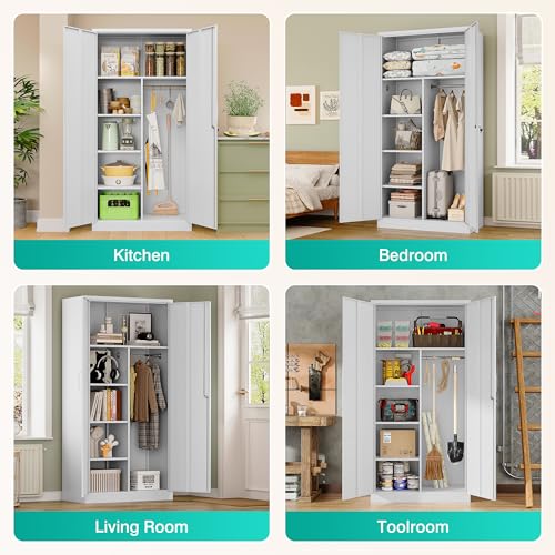 Image of Wide & Deep Metal Storage Cabinet with Hanging Rod,White Broom Closet Storage Cabinet with Lock,72 inch Tall Wardrobe Cabinets with Doors and Shelves,Locking Steel Tool Cabinets for Home,Office,Garage