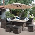 KIGOTY 7 Piece Patio Furniture Set, Outdoor PE Wicker Rattan Outdoor Dining Set, Patio Table and Chairs Set, Patio Conversation Sofa Set with Dining Table and Ottoman (Brown-Grey)