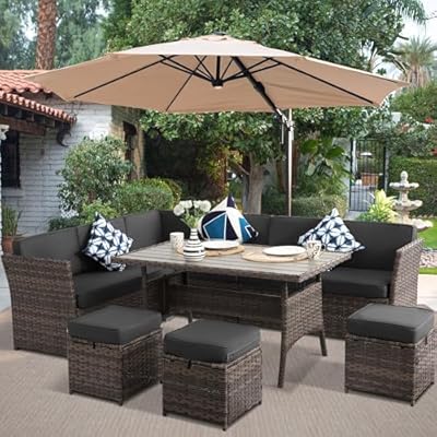KIGOTY 7 Piece Patio Furniture Set, Outdoor PE Wicker Rattan Outdoor Dining Set, Patio Table and Chairs Set, Patio Conversation Sofa Set with Dining Table and Ottoman (Brown-Grey)