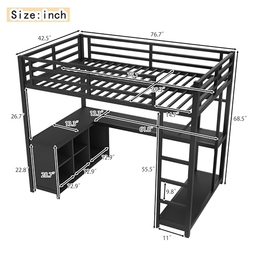 Image of Bellemave Twin Size loft Bed with L Desk, Wardrobe, Metal Twin Loft Bed Frame for Adults, Kids, Teens, Black