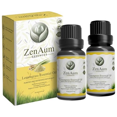 Image of ZenAum Essences 100% Pure Lemongrass Essential Oil | Refreshing & Uplifting | Anti-Fungal, Stress Relief & Muscle Relaxation | Diffuser & Massage Use| GMP, IFRA, ISO Certified- 15ml - Pack of 2