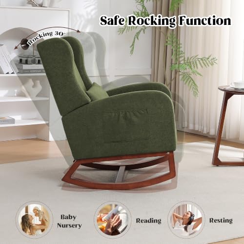 Image of HCHAIRH Rocking Chair Nursery, Nursery Rocking Chairs with Foot Rest, Comfy Glider Rocker Nursing Chair with Back Pillow for Nursing, Living Room, Bedroom, Dark Green