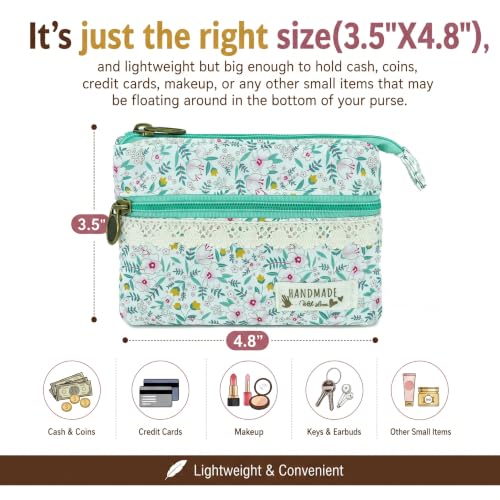 Image of Women Small Zipper Coin Purse, Handmade Fabric Flower Embroidered Change Pouch, Cotton Double Zipper Wallet