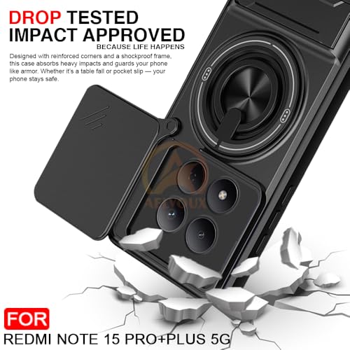 Image of Redmi Note 15 Pro Plus 5G Back Cover | Armor Camera Slider 360 Degree Rotating Finger Ring Holder Case with Bracket Stand Back Case Cover (Compatible with MagSafe Accessories) (Black)