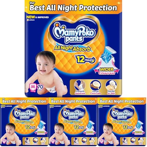 Image of Mamypoko pants All night absorb| Pant Style Baby Diapers Medium Size(M), 70 Count, Ideal for 7-12Kgs|1 Diaper: Upto All night Absorption|Wider Crisscross Sheet|Gentle Coco Care| 12hr Leakage Protection| Prevents Heaviness.