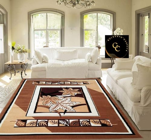 Image of Modern Floral Area Rug 6x8 Feet | Soft BCF Brown Gold Living Room Carpet