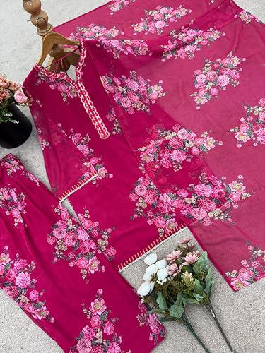 Image of JIYA'S Collection Women's Pure Faux Georgette Kurta Palazzo Set with Dupatta | Digital Print Full Sleeve Kurti with Farshi Pant