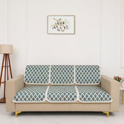 Image of Homerz Premium 'Maharaja Paradise Series' Sofa Cover | Net Fabric Sofa Cover | Washable, Anti-Dust Backed & Wrinkle Resistant Cover (Aqua Lattice, 5 (3+2) Seater, Seat Cover with Backrest)