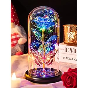 Pusuny Mothers Day Roses Gifts for Mom, Galaxy Glass Rose Flower Forever Eternal Crystal Light Up Rose in Glass Dome with Butterfly Birthday Gifts for Women Mom Wife Grandma Sister Blue
