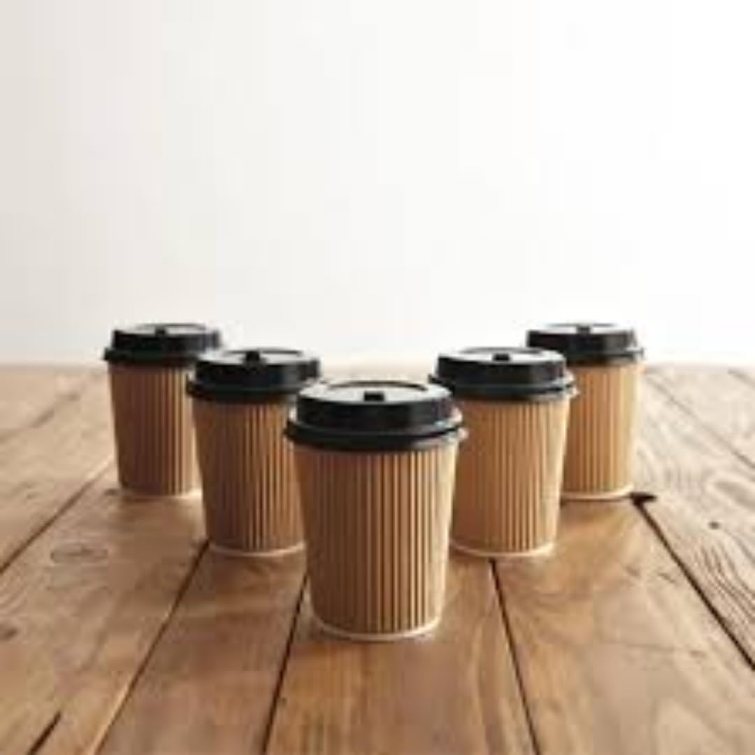 8oz / 240ml Ripple Wall Paper Coffee Cups with Black Lids – Kraft Brown Disposable Hot Drink Cups | Eco-Friendly, Recyclable, Insulated Takeaway Cups for Tea, Coffee, Cappuccino – Pack of 25