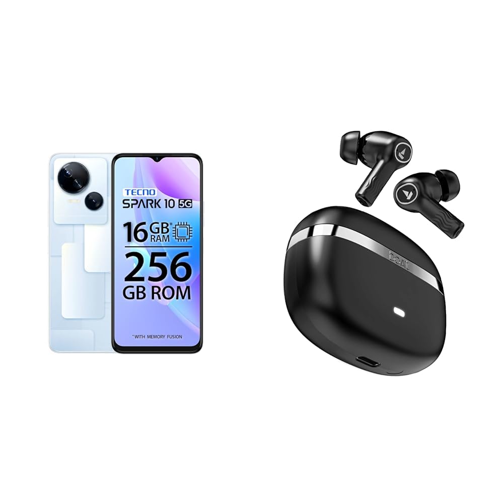 Tecno Spark 10 5G (Meta White, 8GB RAM,256GB Storage)|1 & Boat Nirvana Ion with 120 Hrs Playb