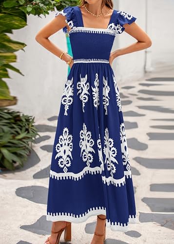 BTFBM Summer Dresses for Women 2026 Casual Floral Boho Sleeveless Square Neck A Line Flowy Beach Maxi Sundress Pockets(Dark Blue White Flower, XX-Large) — view 6